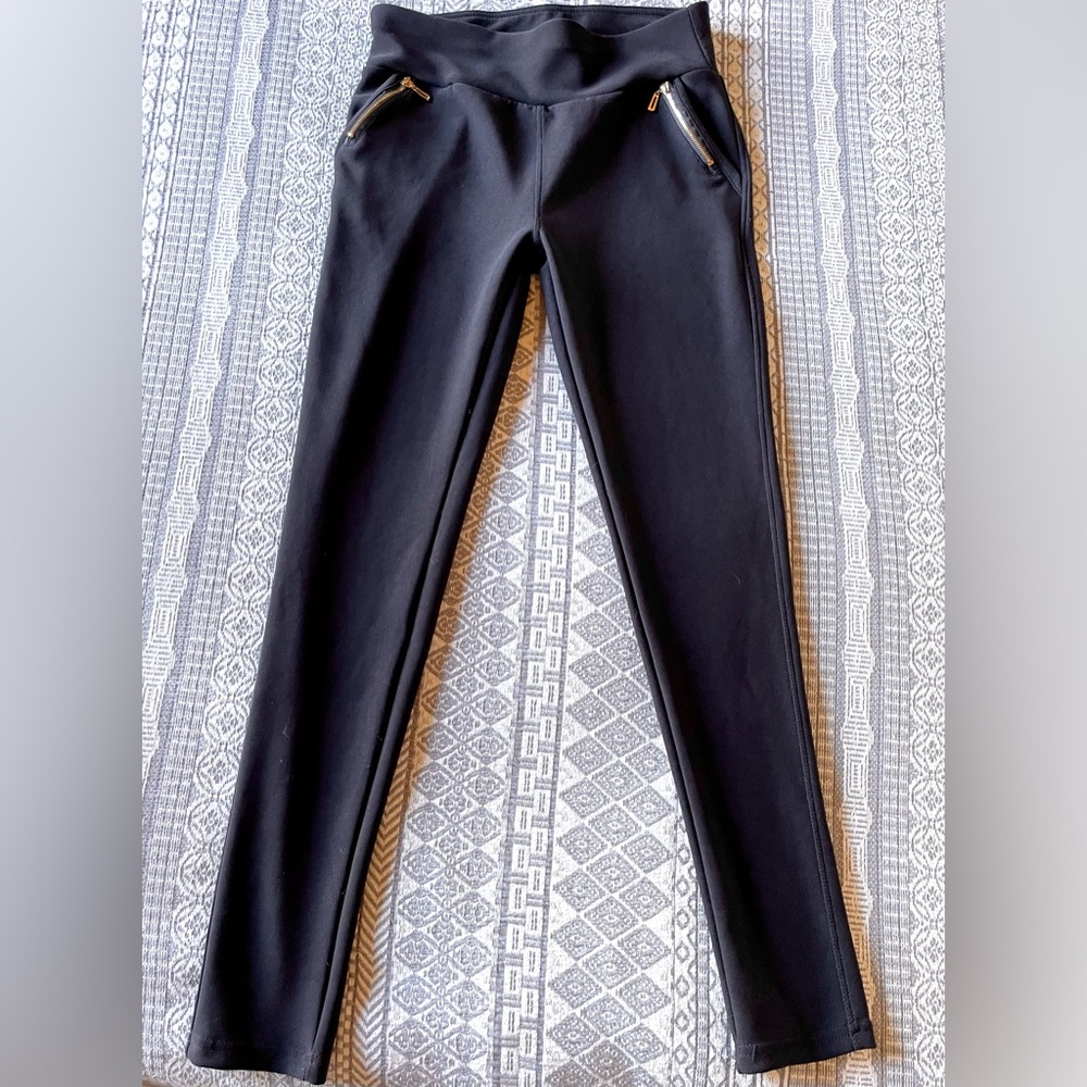 NWOT Dressy Black Leggings with Gold Zipper Pockets, Drop Waist, Soft & Stretchy